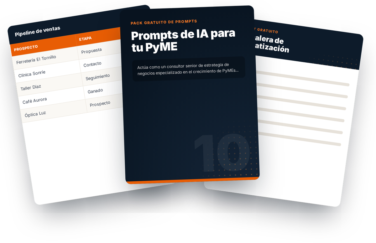 Recursos gratuitos descargables para PyMEs: pack de prompts de IA, plantilla de pipeline de ventas y checklist de automatización